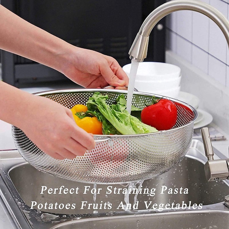 Ketumal 28cm Stainless Steel Mesh Colander Kitchen Fine Mesh Strainer Bowl Straining Screen Basket Drainer Rice Washing Bowl Colander Sieve Sifters for Rice Pasta Noodles Vegetables Fruits - Image 5