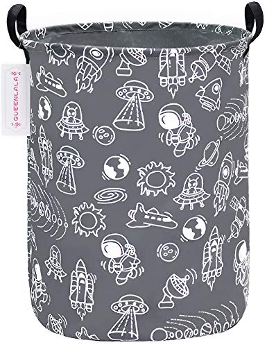 QUEENLALA Large Storage Basket,Laundry Hamper/Bathroom/Home Decor/Collapsible Round Storage Bin,Boys and Girls Hamper/Boxes/Clothing(Round-Grey space exploration) - Image 1