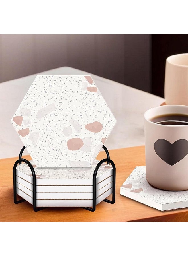 Urbane Home Urbane Home 6 Pcs Diatomite Tea Coaster with Holder - Water Absorbent Hexagonal Tea Cup & Water Glass Cover Top Lid for Teapoy- Cream  - Image 2