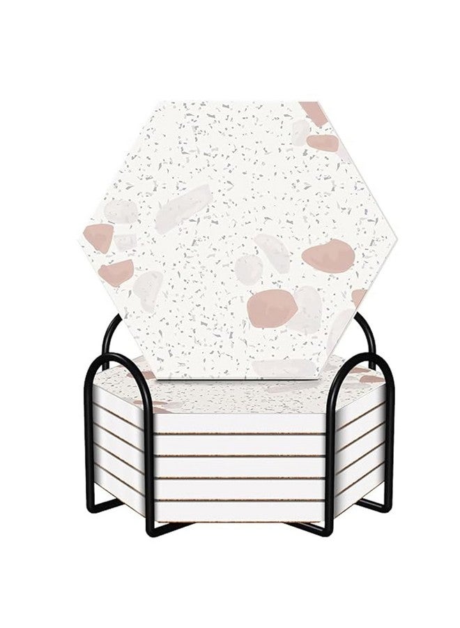 Urbane Home Urbane Home 6 Pcs Diatomite Tea Coaster with Holder - Water Absorbent Hexagonal Tea Cup & Water Glass Cover Top Lid for Teapoy- Cream  - Image 1