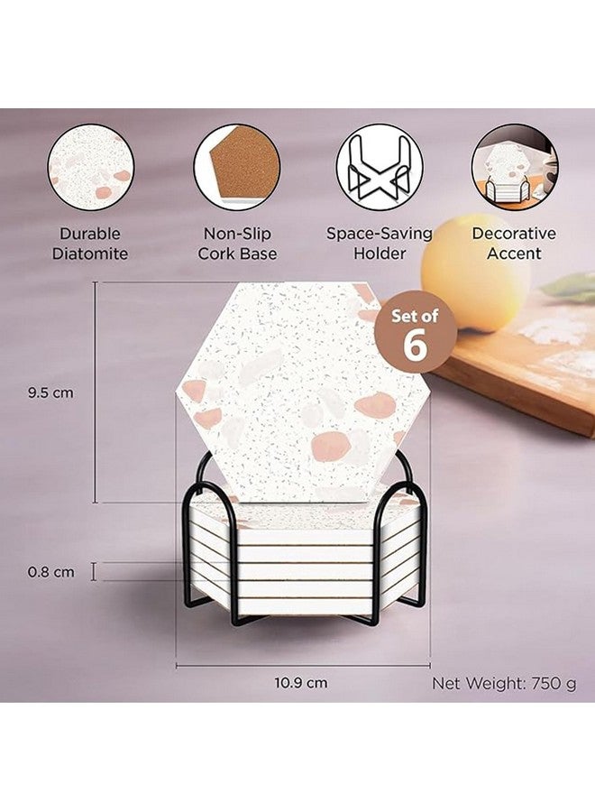 Urbane Home Urbane Home 6 Pcs Diatomite Tea Coaster with Holder - Water Absorbent Hexagonal Tea Cup & Water Glass Cover Top Lid for Teapoy- Cream  - Image 3