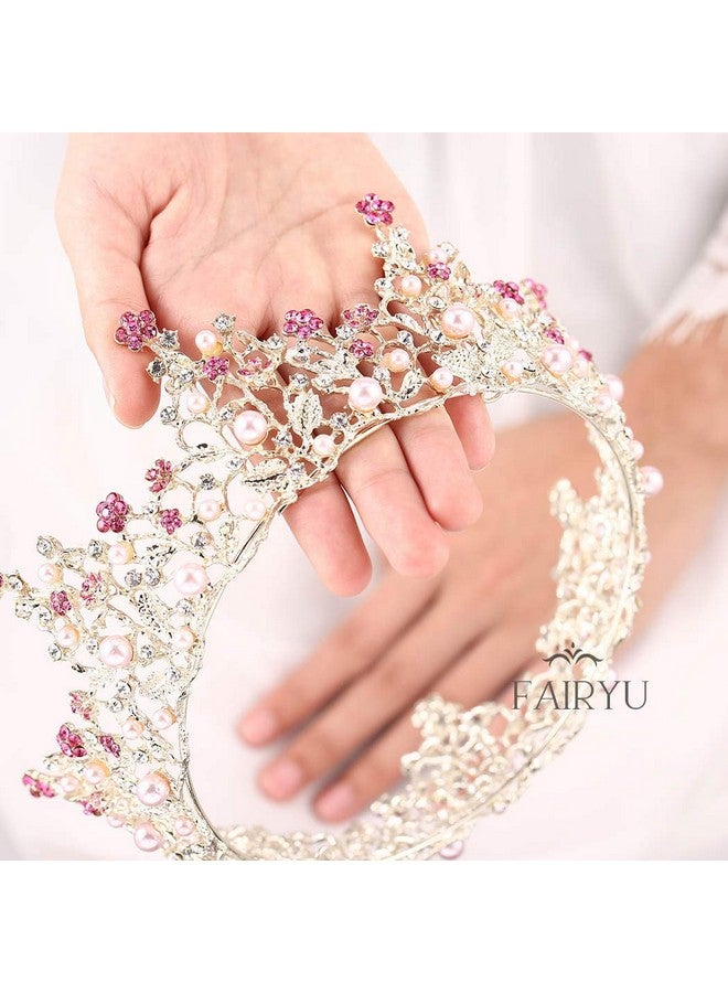Foyte Fairyu Pearl Wedding Tiaras And Crown Bride Pink Flower Tiaras Baroque Wedding Tiara Hair Accessories For Women - Image 3
