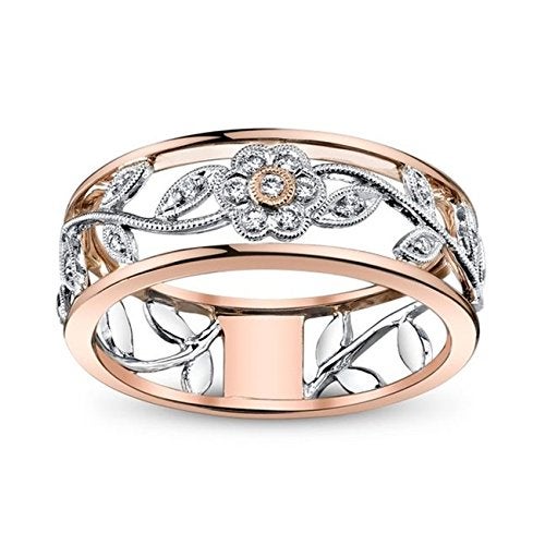 Zhx Exquisite Women's 925 Sterling Silver Floral Ring Proposal Gift Two Tone Diamond Jewelry 18K Rose Gold Vine Flower Bridal Engagement Rings Wedding Band Size 6-10 (6) - Image 4