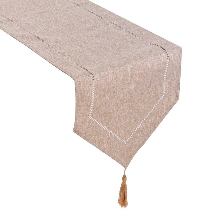 DECORATIVE LINEN TABLE RUNNER WITH TASSELS TABLETOP COLLECTION 14 X 72 INCHES TABLE RUNNERS FOR EVERYDAY DINING WEDDING PARTY HOLIDAY HOME DECOR 14 X 72 LIGHT COFFEE