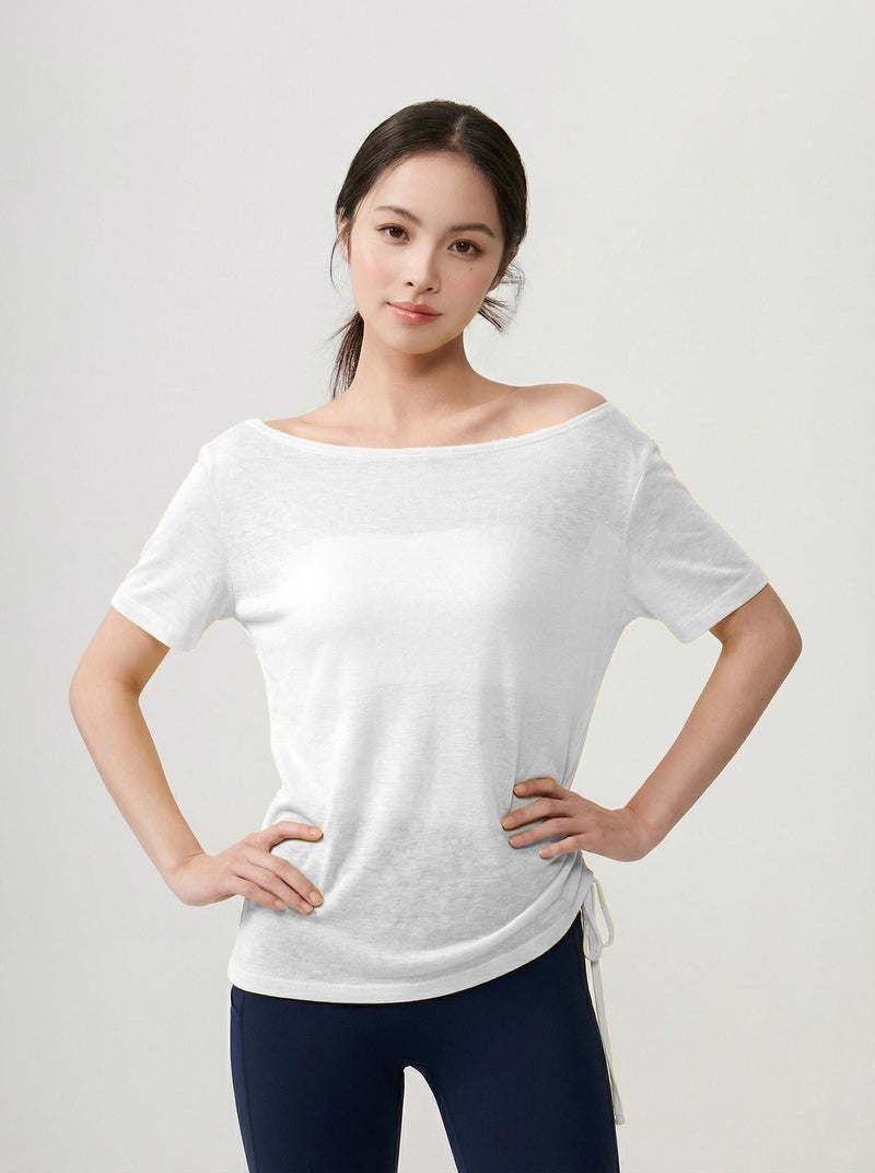 Lu Chuan Luchuan Boat Neck Off-Shoulder Loose Yoga Cover-Up Top Solid Color Summer Casual Athletic Tee for Women - Image 1