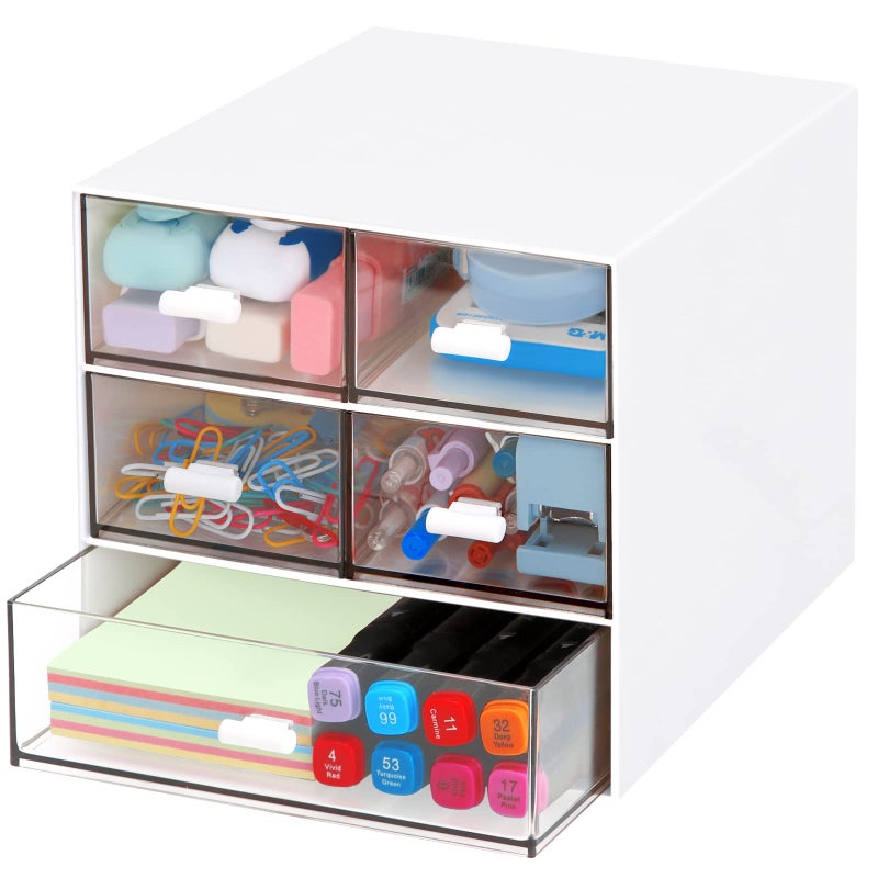 LETURE Desk Organizer with 5 Drawers, Rectangular Office Stationery Supplies Desktop Drawers, Plastic Makeup Storage, Suitable for Office, School, Home (White & 5 Drawers) - Image 1