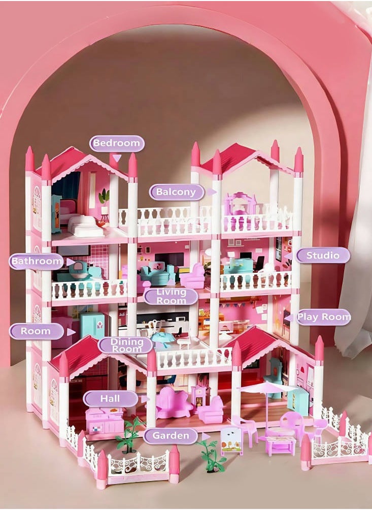 JoyousSto 4 Floors Huge Dollhouse Play Set with 14 Rooms 4 doll 2 Color Light Strips with Lights to Assemble Kitchen, Bedroom, Furniture, Garden,Pets DIY Pretend Play Doll House for Girls Pink  - Image 2
