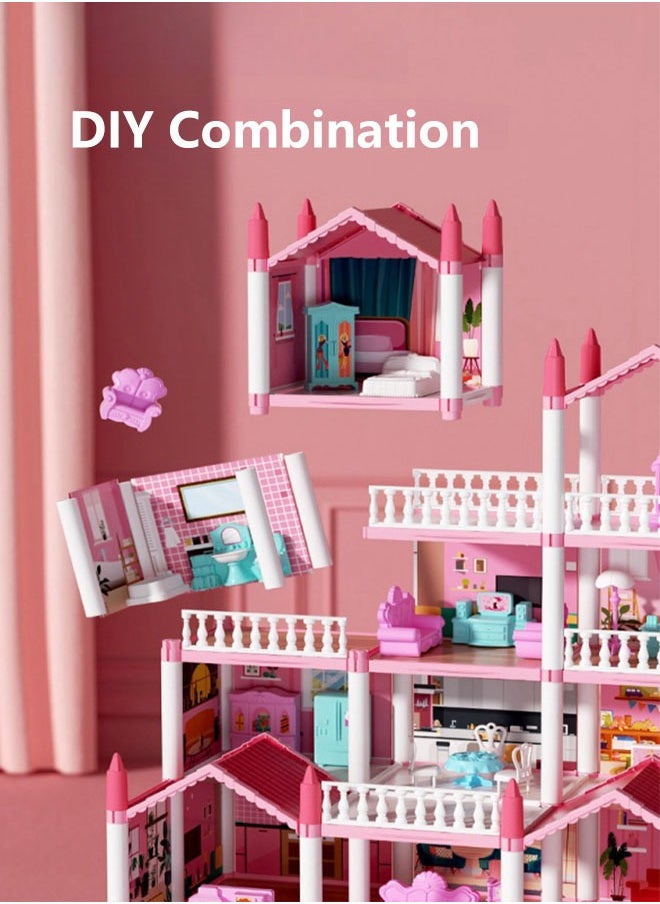 JoyousSto 4 Floors Huge Dollhouse Play Set with 14 Rooms 4 doll 2 Color Light Strips with Lights to Assemble Kitchen, Bedroom, Furniture, Garden,Pets DIY Pretend Play Doll House for Girls Pink  - Image 3