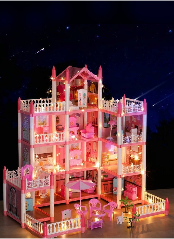 JoyousSto 4 Floors Huge Dollhouse Play Set with 14 Rooms 4 doll 2 Color Light Strips with Lights to Assemble Kitchen, Bedroom, Furniture, Garden,Pets DIY Pretend Play Doll House for Girls Pink  - Image 4