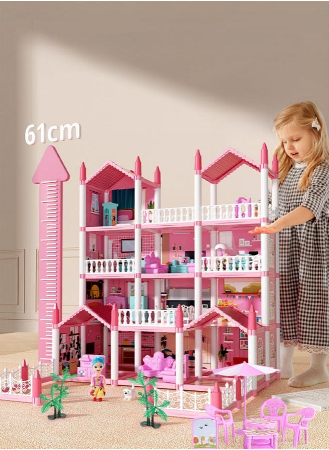 JoyousSto 4 Floors Huge Dollhouse Play Set with 14 Rooms 4 doll 2 Color Light Strips with Lights to Assemble Kitchen, Bedroom, Furniture, Garden,Pets DIY Pretend Play Doll House for Girls Pink  - Image 5
