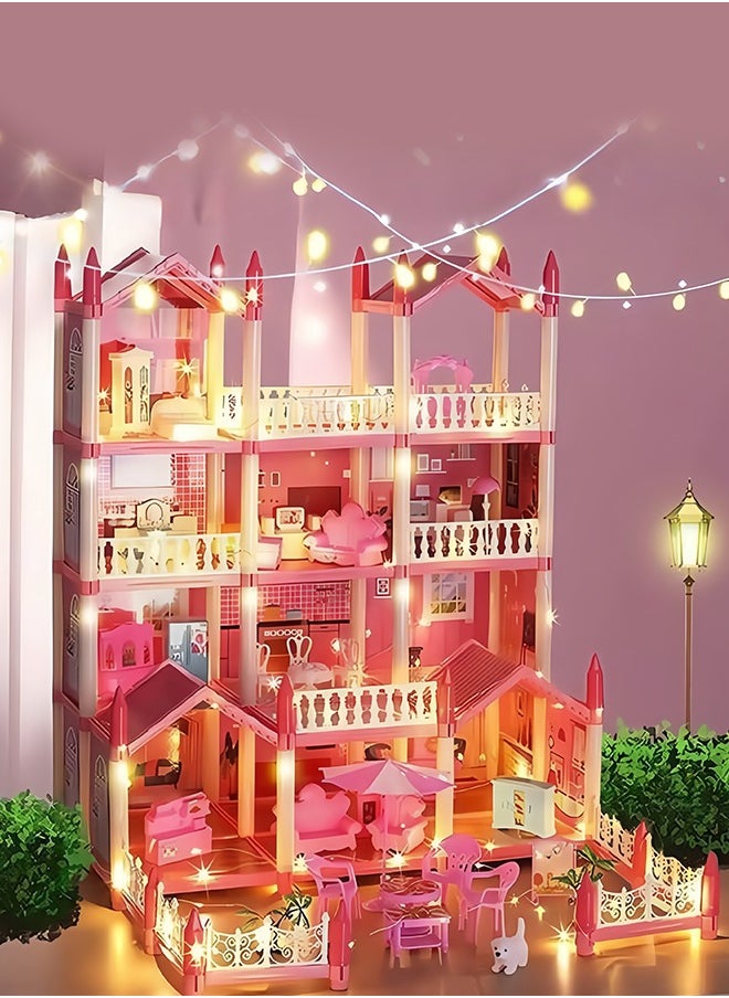 JoyousSto 4 Floors Huge Dollhouse Play Set with 14 Rooms 4 doll 2 Color Light Strips with Lights to Assemble Kitchen, Bedroom, Furniture, Garden,Pets DIY Pretend Play Doll House for Girls Pink  - Image 1