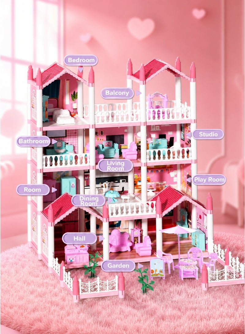 JoyousSto 4 Floors Huge Dollhouse Play Set with 14 Rooms 4 doll to Assemble Kitchen, Bedroom, Furniture, Garden,Pets DIY Pretend Play Doll House for Girls Pink - Image 2