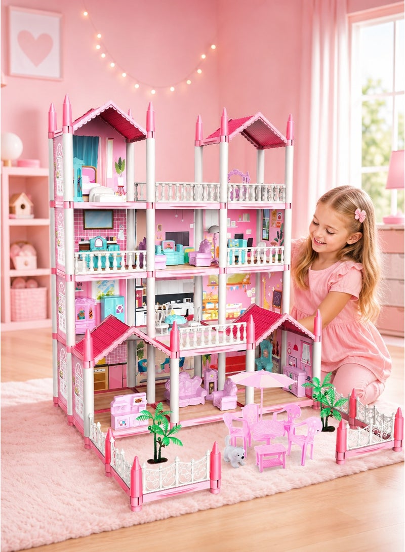 JoyousSto 4 Floors Huge Dollhouse Play Set with 14 Rooms 4 doll to Assemble Kitchen, Bedroom, Furniture, Garden,Pets DIY Pretend Play Doll House for Girls Pink - Image 4