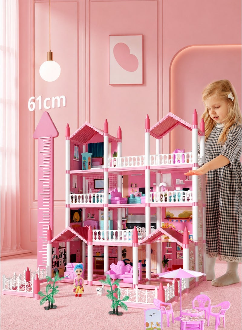 JoyousSto 4 Floors Huge Dollhouse Play Set with 14 Rooms 4 doll to Assemble Kitchen, Bedroom, Furniture, Garden,Pets DIY Pretend Play Doll House for Girls Pink - Image 5