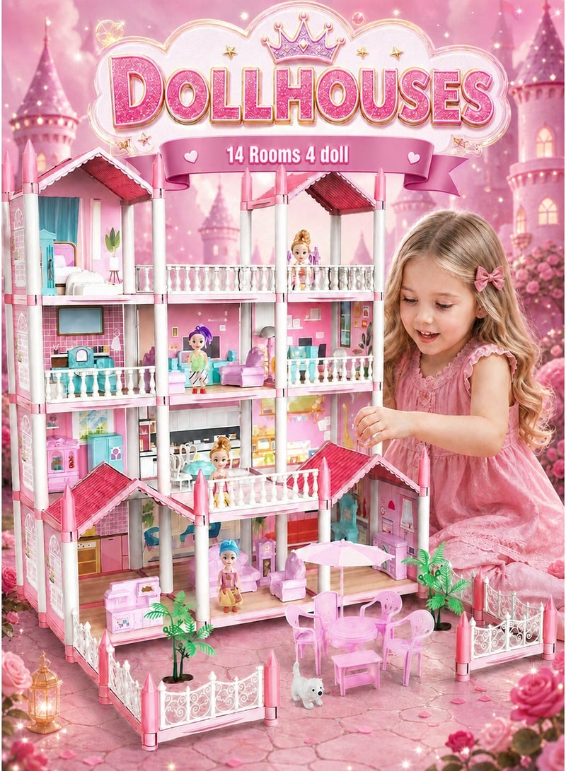 JoyousSto 4 Floors Huge Dollhouse Play Set with 14 Rooms 4 doll to Assemble Kitchen, Bedroom, Furniture, Garden,Pets DIY Pretend Play Doll House for Girls Pink - Image 1