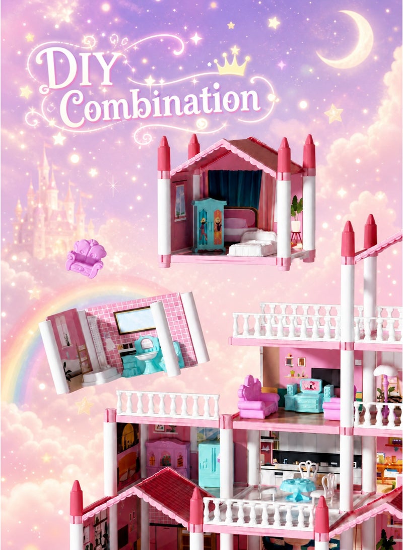 JoyousSto 4 Floors Huge Dollhouse Play Set with 14 Rooms 4 doll to Assemble Kitchen, Bedroom, Furniture, Garden,Pets DIY Pretend Play Doll House for Girls Pink - Image 3