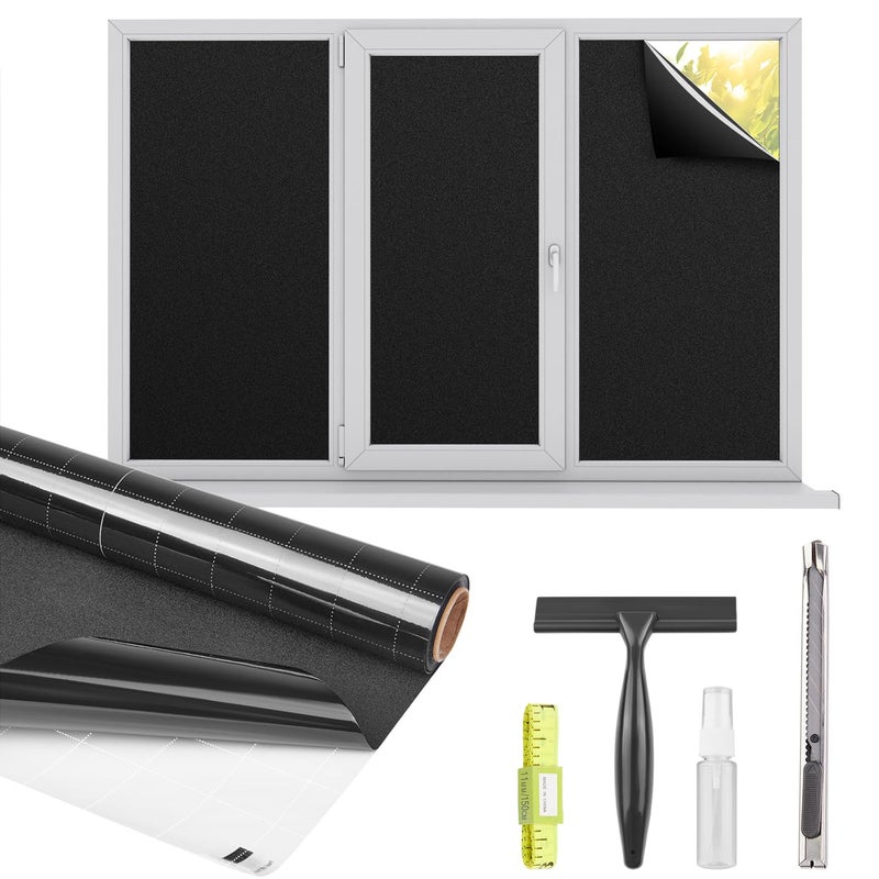 Kromapolis Blackout Window Privacy Film Total Light Blocking Room Darkening Window Covering  Removable Static Cling Frosted Glass Window Tint  Non-Adhesive  Black 11.8'' x 78.7'' - Image 1