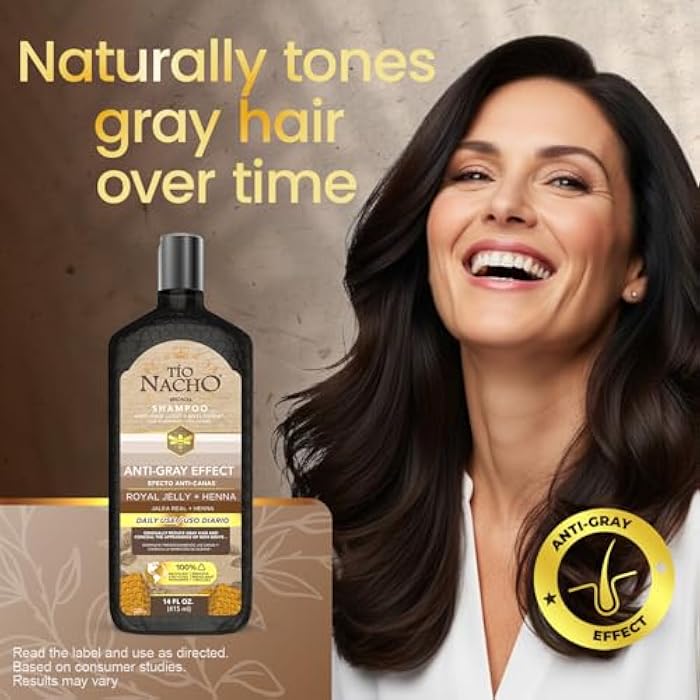 Tio Nacho Anti-Gray Effect Shampoo with Henna and Royal Jelly, Gray Coverage Shampoo and Hair Dye for Women and Men, Natural Henna Hair Color Shampoo for Gray Blending, Daily Use, 14 fl oz (Pack of 3) - Image 3