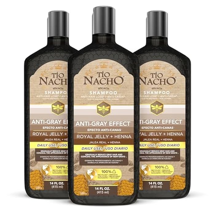 Tio Nacho Anti-Gray Effect Shampoo with Henna and Royal Jelly, Gray Coverage Shampoo and Hair Dye for Women and Men, Natural Henna Hair Color Shampoo for Gray Blending, Daily Use, 14 fl oz (Pack of 3) - Image 1