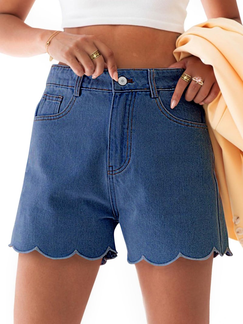 Aoysky Womens High Waisted Denim Shorts Summer Straight Leg Wave Hem Short Jeans Casual Trendy Jort - Image 1