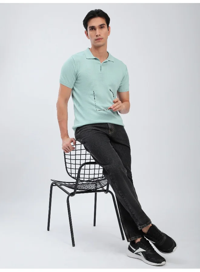 Beyoung Pale Blue Ribbed Collar Flat Knit Polo T-Shirt For Men