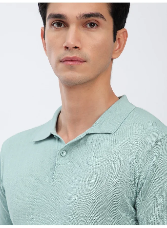 Beyoung Pale Blue Ribbed Collar Flat Knit Polo T-Shirt For Men