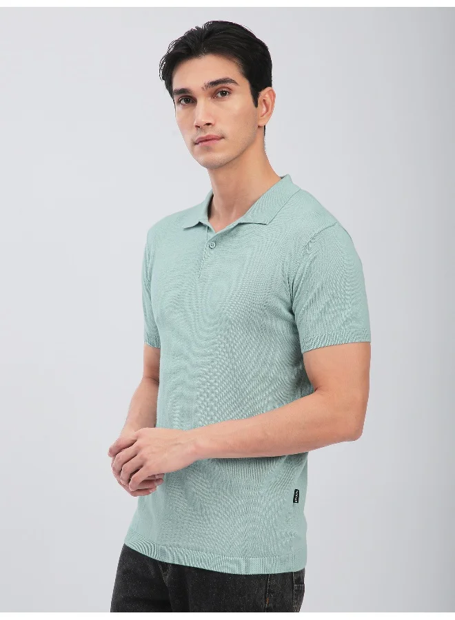 Beyoung Pale Blue Ribbed Collar Flat Knit Polo T-Shirt For Men