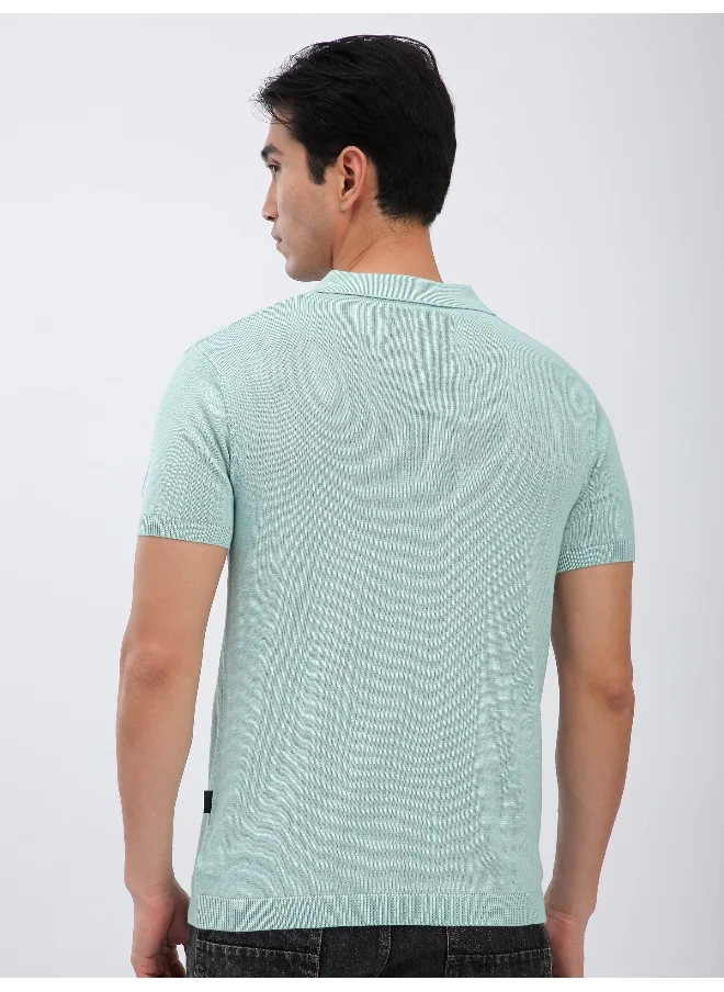 بيونغ Pale Blue Ribbed Collar Flat Knit Polo T-Shirt For Men