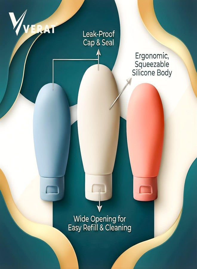 VERAT زجاجات سفر فيرات لمستحضرات التجميل، عبوات بلاستيكية قابلة لإعادة التعبئة مع غطاء، مجموعة زجاجات ضغط صغيرة مانعة للتسرب لمستحضرات التجميل (متعددة الألوان، 6 قطع) - Image 3