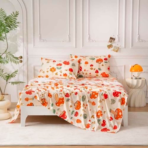 SDY 4PCS Mushroom Sheet Set Full Size,Great Cute and Comfortable Bedding Sheet for Boys, Girls, Kids and Toddler,Bed in a Bag Packaged with 1 Fitted Sheet+ 1 Top Flat Sheet + 2 Pillowcases - Image 1