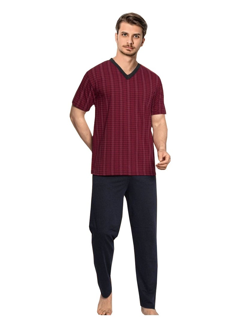 Turkish Cotton T-Shirt and Pants Pajama Set Homewear Loungewear Maroon/Navy