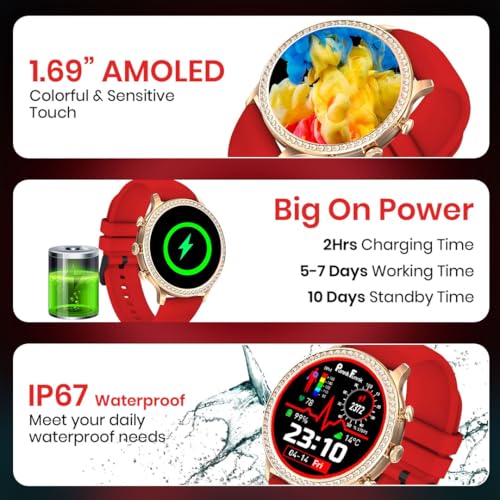 PunnkFunnk Genquella Smartwatch for Women with Bluetooth Calling, 1.69" HD Touchscreen, Heart Rate SpO2 Sleep Tracker, 100+ Sports Modes, IP67 Fitness Watch for Android iPhone(Red) - Image 2