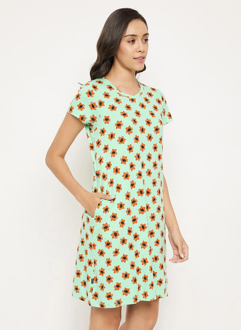 Clovia Green Clovia Monster Emoji Print Short Nightdress in Mint Green - 100% Cotton for Women | Best Price UAE