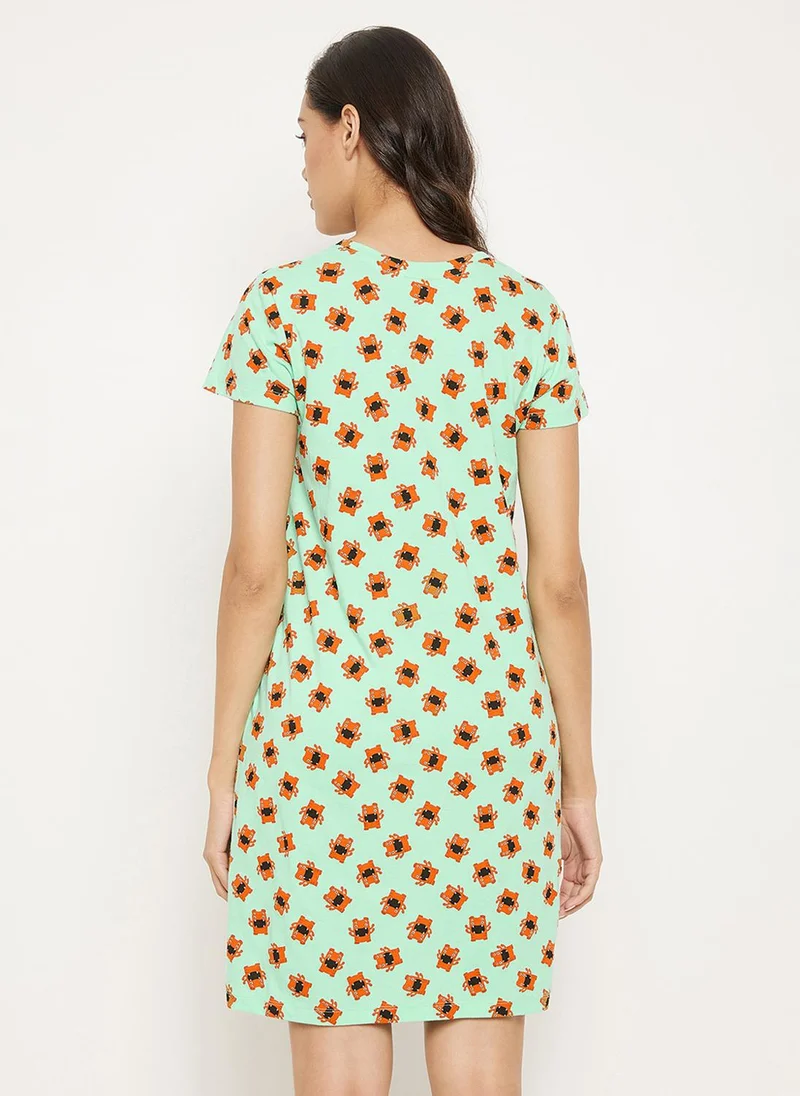 Clovia Green Clovia Monster Emoji Print Short Nightdress in Mint Green - 100% Cotton for Women | Best Price UAE