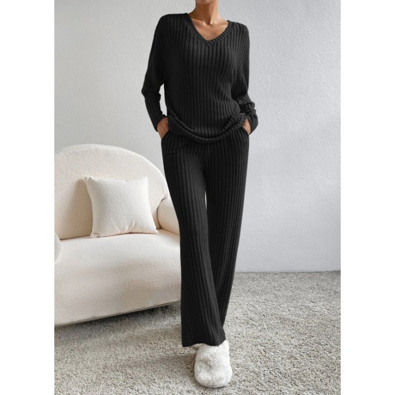 Cross-border Two-piece Womens 2024 Autumn New Fashion Casual Straight Pants Elegant Loose V-neck Pit Knitted Set Rose red - Image 4