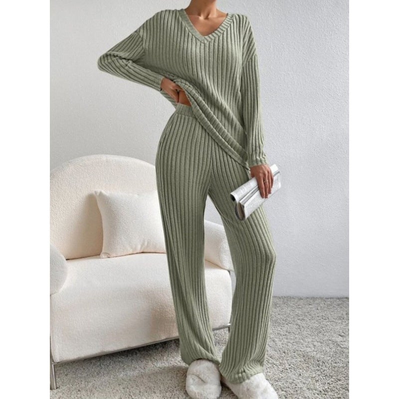 Cross-border Two-piece Womens 2024 Autumn New Fashion Casual Straight Pants Elegant Loose V-neck Pit Knitted Set Rose red - Image 2