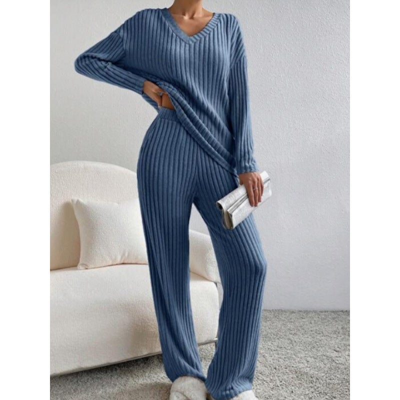 Cross-border Two-piece Womens 2024 Autumn New Fashion Casual Straight Pants Elegant Loose V-neck Pit Knitted Set Rose red - Image 3