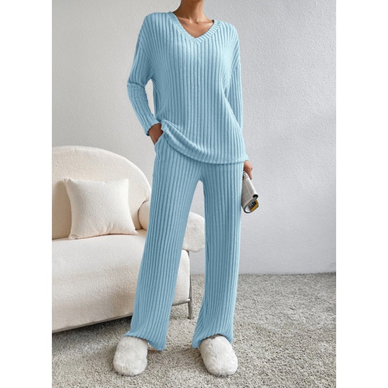 Cross-border Two-piece Womens 2024 Autumn New Fashion Casual Straight Pants Elegant Loose V-neck Pit Knitted Set Rose red - Image 5