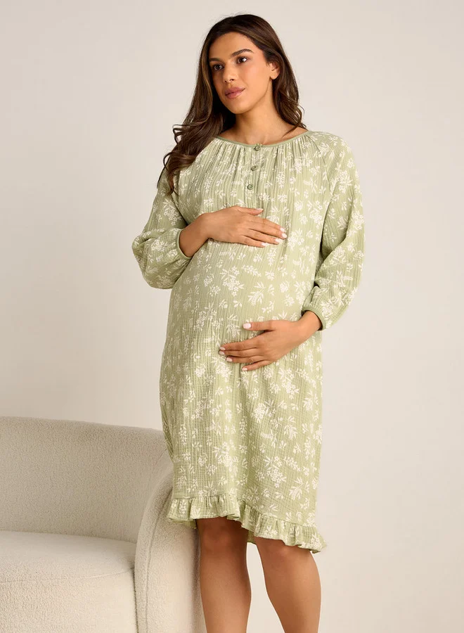 Splash FAV Floral Print Maternity Night Dress with Long Sleeves