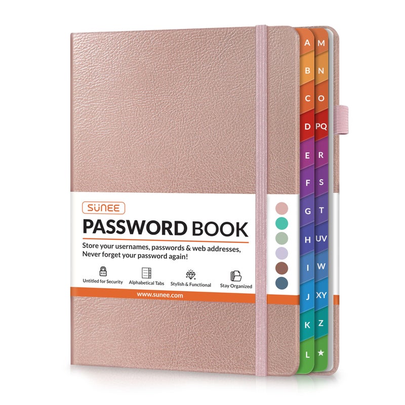 ساني دفتر كلمات مرور SUNEE مع فواصل أبجدية ملونة، منظم دفتر كلمات مرور للكمبيوتر وعناوين الإنترنت، تسجيل دخول مواقع الويب، 5.3 بوصة × 7.7 بوصة - ذهبي وردي - Image 1