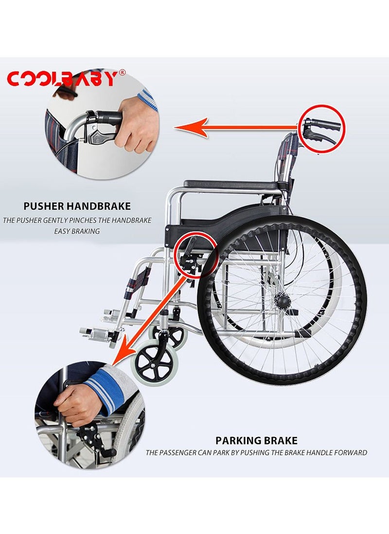 Cool Baby - COOLBABY lightweight folding aluminum manual wheelchair thickened elderly medline wheelchairs adjustable seat cushion, with handbrakes. - Image 1