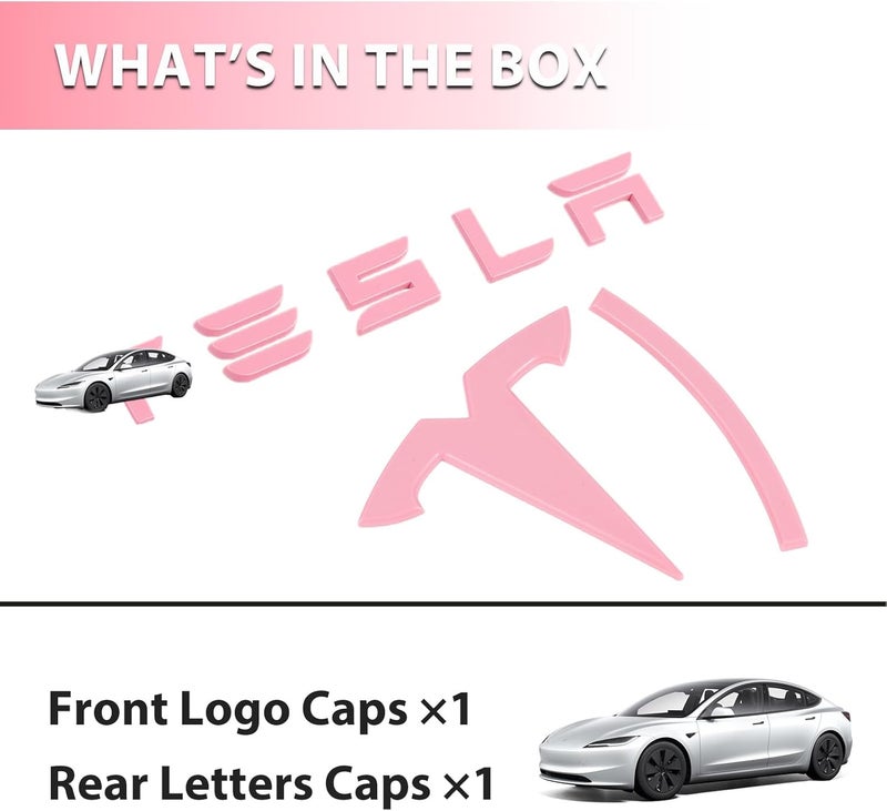 Nanaholy أغطية شعار 2026 لسيارة Tesla Model 3 Highland ملحقات 2025 2024 أغطية الشعار الأمامي والخلفي، بدون إزالة الشارة، ملصقات ABS 2 قطعة وردي (وردي لامع، Model 3 Highland 2024+) تصميم بسيط عالمي - Image 4