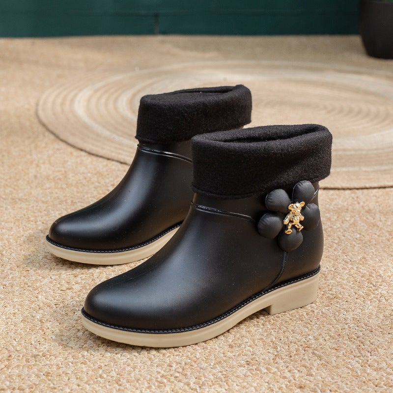 Candy Colored Fashion Rain Boots for Women 02 black (one size larger with cotton) 