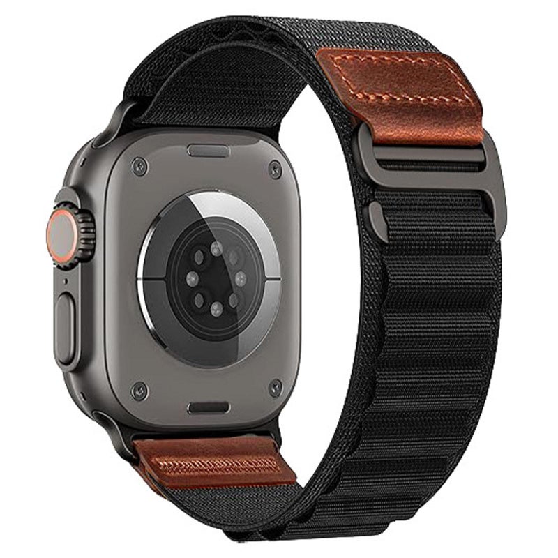 For Apple Watch 46mm / 49mm / 45mm / 44mm Retro Vegan Leather Label Alpine Nylon Loop Watch Band(Black)