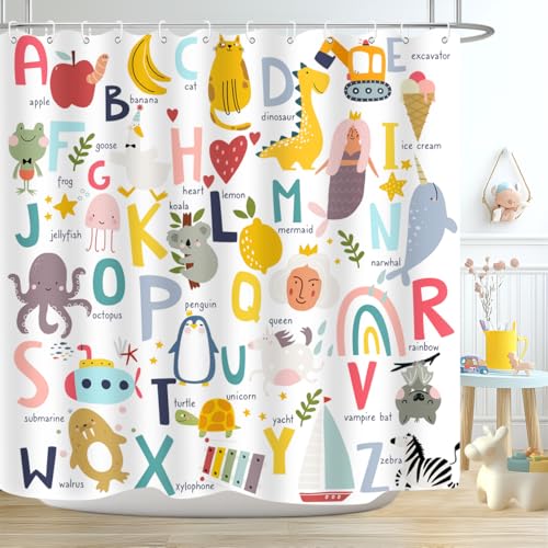 ZXMBF Kids ABC Shower Curtain Alphabet Educational Learning Tool Baby Cartoon Animals Girls Boys Colorful Bath Curtain Decor Waterproof Fabric 72Lx72W Inch with Hooks - Image 3