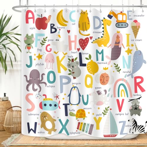 ZXMBF Kids ABC Shower Curtain Alphabet Educational Learning Tool Baby Cartoon Animals Girls Boys Colorful Bath Curtain Decor Waterproof Fabric 72Lx72W Inch with Hooks - Image 5