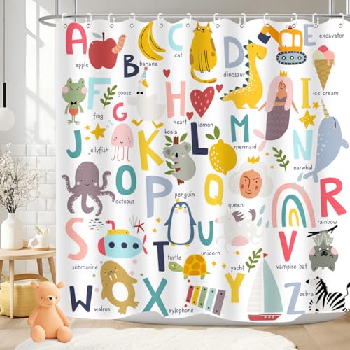 ZXMBF Kids ABC Shower Curtain Alphabet Educational Learning Tool Baby Cartoon Animals Girls Boys Colorful Bath Curtain Decor Waterproof Fabric 72Lx72W Inch with Hooks - Image 1