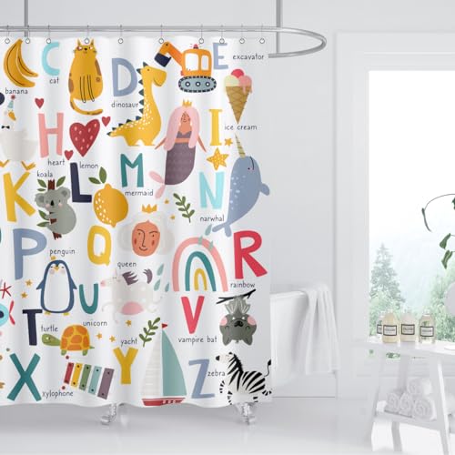 ZXMBF Kids ABC Shower Curtain Alphabet Educational Learning Tool Baby Cartoon Animals Girls Boys Colorful Bath Curtain Decor Waterproof Fabric 72Lx72W Inch with Hooks - Image 2