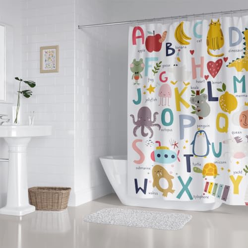 ZXMBF Kids ABC Shower Curtain Alphabet Educational Learning Tool Baby Cartoon Animals Girls Boys Colorful Bath Curtain Decor Waterproof Fabric 72Lx72W Inch with Hooks - Image 4