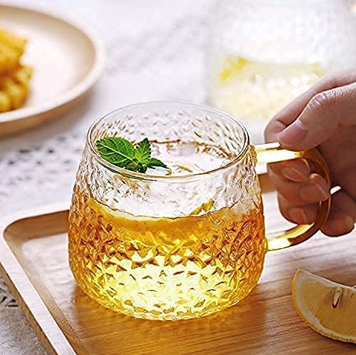 VILON Golden Handle Glass Tea and Coffee Mug – 410ml Clear Cups – Elegant Borosilicate Glass – Microwave Safe – Ideal for Tea, Coffee, Milk, Juice | 410ml | Set of 6 (Gold Teacup 6) - Image 3